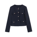 Veste élégante en tweed bleu marine pour femmes avec boutons dorés et col rond chic - XS / Bleu marine