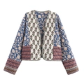 Women's vintage patchwork quilted jacket with floral patterns and V-neckline - S / Printing