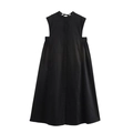 Elegant black sleeveless midi dress with high neck, drawstring waist and back neck tie detail - XS / Black