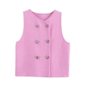 Roze gebreid vest voor dames met V-hals en zilveren dubbele rij knopen details - S / Roze