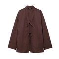 Women's summer cotton linen dark brown kimono jacket with front tie-up and long sleeves - XS / Coffee Top