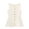 Elegant cream sleeveless ribbed knit peplum top with decorative gold buttons and front slit - S / Beige