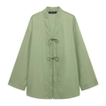 Women's light green cotton linen kimono jacket with tie-front bow and loose fit - XS / Green Top