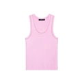 Women's summer pink knit tank top with contrast trim and ribbed texture on white background - S / Pink