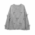 Pull gris élégant à col rond avec motif en losanges et nœuds décoratifs mignons - S / Gris