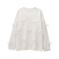 Pull blanc à col rond pour femme avec motif diamant 3D et détails de nœuds - S / Blanc