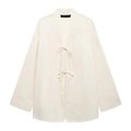 Chic cream long sleeve tie-front kimono top with stylish bow closures in loose fit - XS / Cardigan Top / Off White