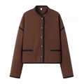 Chaqueta corta marrón para mujer de mezcla de lana con cuello redondo y bordes negros - S / Marrón