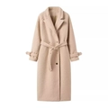 Women's chic beige long textured wool coat with belt and classic notched lapels - S / Apricot