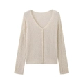 Women's beige V-neck long sleeve knit cardigan sweater with buttons and textured fabric - S / Apricot