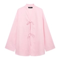 Women's light pink cotton linen kimono wrap top and pants set with stylish bow ties - XS / Pink Top