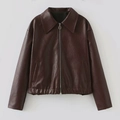 Chaqueta de aviador clásica en cuero marrón oscuro con cremallera y dobladillo elástico - S / Rojo