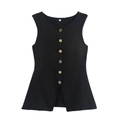 Women's black sleeveless knit vest with golden buttons and stylish side slits - S / Black