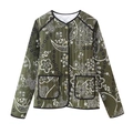 Damen Steppjacke in Armee-Grün mit Paisley-Muster, Rundhals und Vintage-Knöpfen - S / Armeegrüner Druck