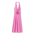 Robe midi licou en satin rose avec détail floral à la taille et coupe évasée élégante - XS / Rose Rouge