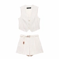 Women's chic striped vest and shorts set with woven belt in cream and red stripes - XS / Top And Bottom / White Stripes