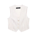 Women's white striped V-neck vest top with three front buttons and a V-shaped hemline - XS / Tops / White Stripes