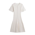 Abito corto in maglia a pieghe con maniche corte e bottoni frontali bianco crema - S / Bianco