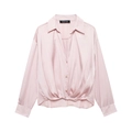 Detail of light pink satin shirt featuring front button closure and front knot design - XS / Light Pink