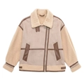 Detail van beige sherpa en faux suède bikerjack met bruine lederen biezen en metalen gesp - XS / Khaki
