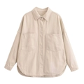 Detail of beige cotton twill shirt jacket with oversized front pockets and curved hemline - Beige