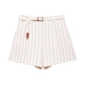 Women's white high-waisted cotton linen shorts with red stripes and woven belt - XS / Bottoms / White Stripes
