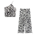 Women's black and white leopard print two-piece set with one-shoulder top and wide-leg pants - XS / Black And White Leopard Print Set