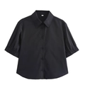 Schwarze Damen-Kurzarmbluse mit Knopfleiste, klassischen Kragen und Puffärmeln - XS / Schwarzes Oberteil