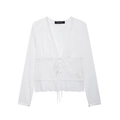 Blusa bianca boho a maniche lunghe con scollo a V, inserti in pizzo e ricami floreali - XS / Bianco