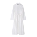 Classic white long sleeve shirt midi dress with a waist tie belt and lapel collar - XS / Off White