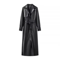 Cappotto lungo in ecopelle nera da donna con cintura in vita e colletto a rever - S / Nero