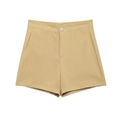 Short taille haute kaki pour femme avec bouton assorti et coupe minimaliste chic - Short Jaune Pâle