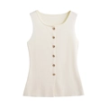 Minimalistisch crème gebreid mouwloos vest met ronde hals en gouden knopen erop - S / Wit