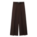 Detail of high-waist dark brown wide-leg pants with black belt and front pleats - XS / Pants