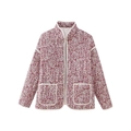 Detail of burgundy floral quilted cotton jacket with mandarin collar and large pockets - Pink With Red Flowers
