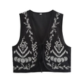 Women's vintage black sleeveless vest with white floral embroidery and front tie-up closure - S / Black
