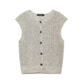 Women's minimalist knitted vest in beige grey melange with a button-up front and crew neck - S / Gray