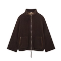 Detail of dark brown faux shearling jacket featuring stand collar and large patch pockets - XS / Dark Brown