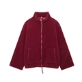 Detail view of burgundy fleece jacket with high collar and large patch pockets - XS / Burgundy