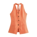 Vibrant orange halter neck vest top with tortoiseshell buttons and back tie detail - XS / Tops / Orange