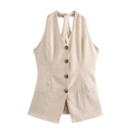 Detailed view of beige halter vest featuring deep amber buttons and waist pocket details - XS / Tops / Khaki