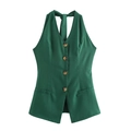 Detail of dark green halter vest with wood-texture buttons and back tie closure - XS / Green Top