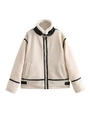 Detailed view of the faux shearling biker jacket with black faux leather trim and buckle - XS / White
