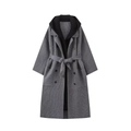 Detail of grey hooded knit coat with textured vertical stripes and waist tie belt - S / Tops / Gray