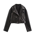 Close-up of black biker jacket with silver zippers, metallic snaps and adjustable belt - S / Black