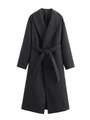 Cappotto classico in lana nera da donna con revers e cintura regolabile in vita - S / Nero