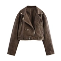 Detail of dark brown faux leather biker jacket with silver zippers and belted hem - S / Khaki
