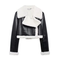 Close-up of black PU leather jacket with contrast white faux shearling trim on lapels - XS / Black