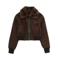 Detail of a brown suede bomber jacket featuring a plush fur collar and ribbed knit cuffs - XS / Dark Brown