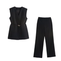 Detail of black two-piece vest and trousers set with gold buckle belt and split design - Black Zirconia Set